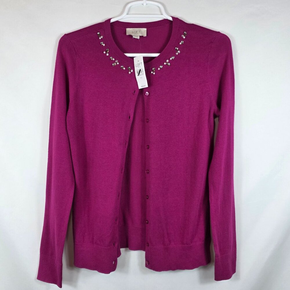 Loft Cardigan Sweater Women's Size XS X-Small Fuchsia Dark Pink Jeweled Neck